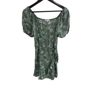 Juniors Green Floral Puff‎ Sleeve Tie Waist Dress Size Small Cottagecore Boho